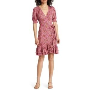 Boden Pink Paisley Mini Ruffle Wrap Dress Size US 10L /UK 14L